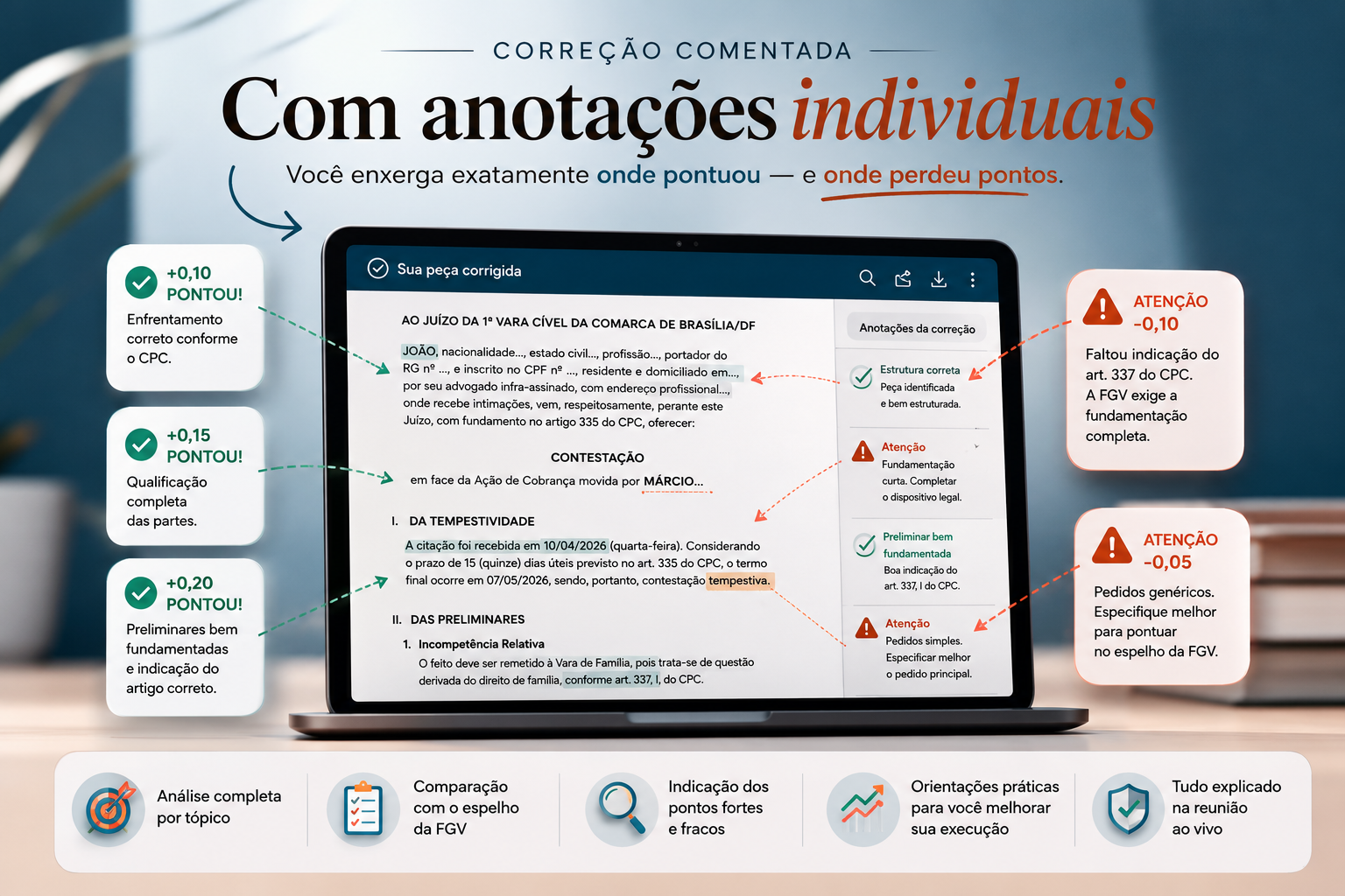 Infográfico mostrando como funciona a correção comentada com anotações individuais por tópico