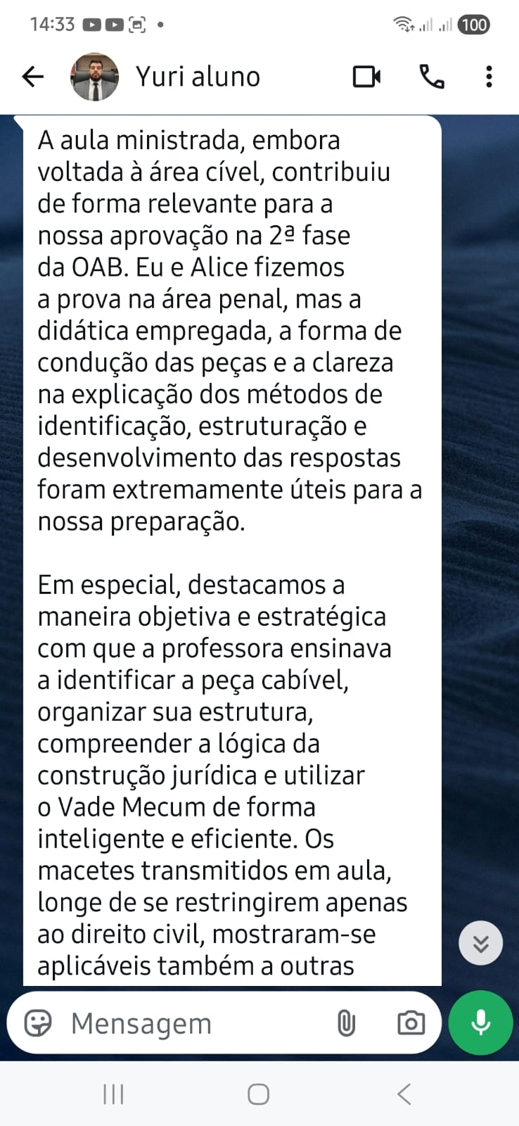 Depoimento de Yuri: aprovado na 2ª fase usando a lógica de construção da peça aprendida no Civil